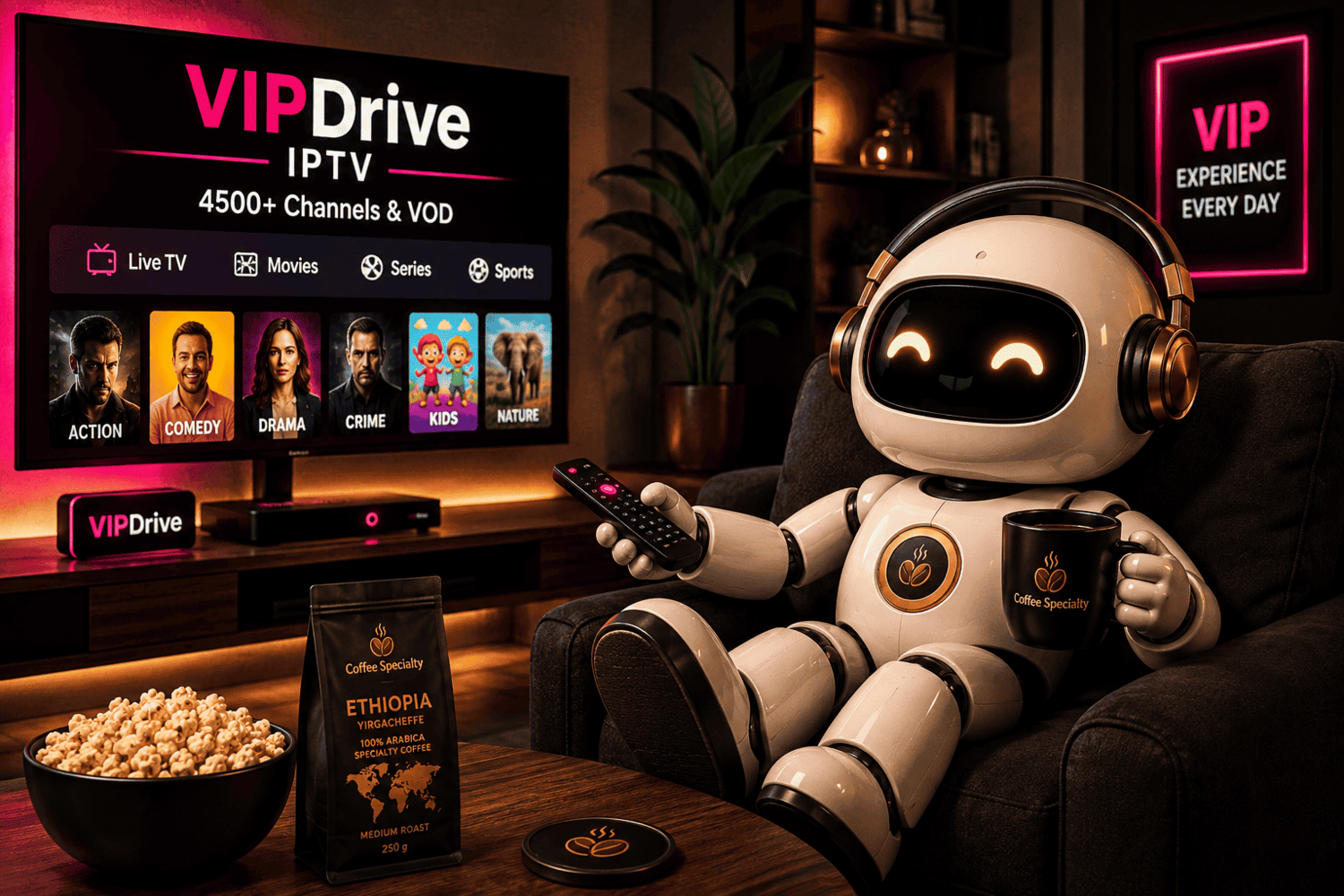 Робот смотрит IPTV и пьёт ароматный кофе Робот смотрит IPTV и пьёт ароматный кофе CoffeeSpecialty